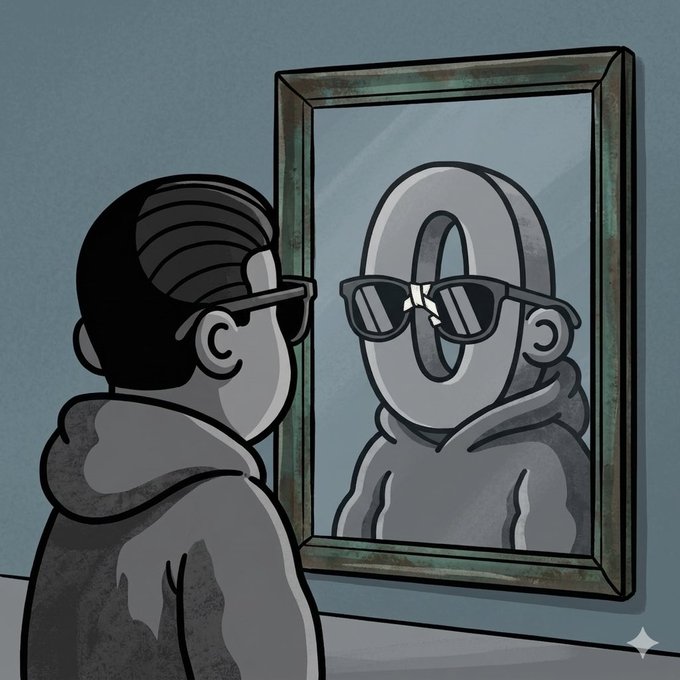 A cartoon illustration of a person with sunglasses and a hoodie looking into a mirror, where their reflection appears as a stylized zero/circle wearing sunglasses, referencing a crypto or web3 aesthetic.