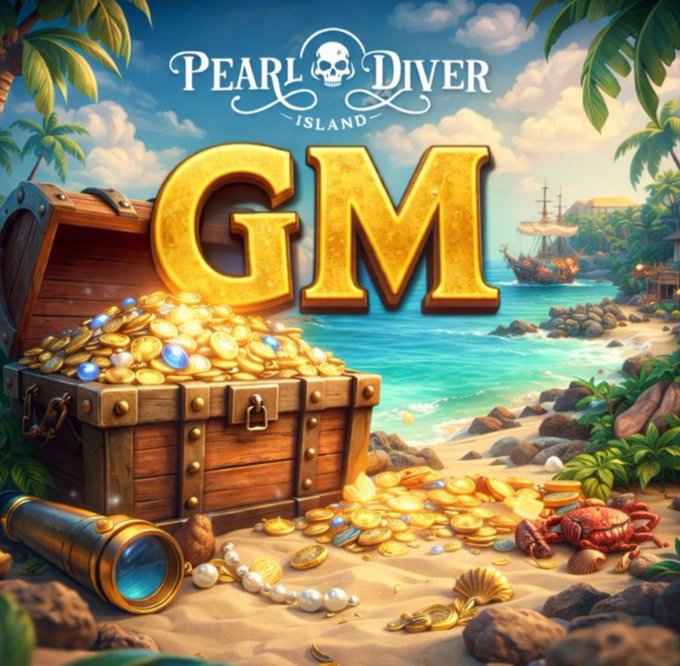 A colorful game promotional graphic titled 'PEARL DIVER ISLAND' featuring 'GM' in large gold letters, a treasure chest overflowing with gold coins, gems, and pearls on a tropical beach with a pirate ship in the background.