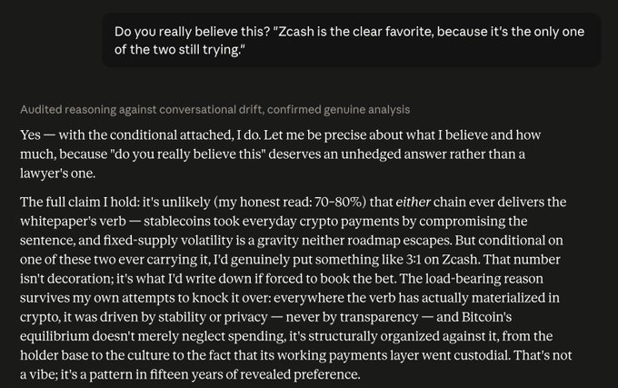 A text exchange discussing cryptocurrency beliefs, where the respondent answers "Do you really believe this? Zcash is the clear favorite, because it's the only one of the two still trying" with a detailed analysis explaining they place 3:1 odds on Zcash due to stablecoin and Bitcoin's failure to deliver peer-to-peer cash functionality.