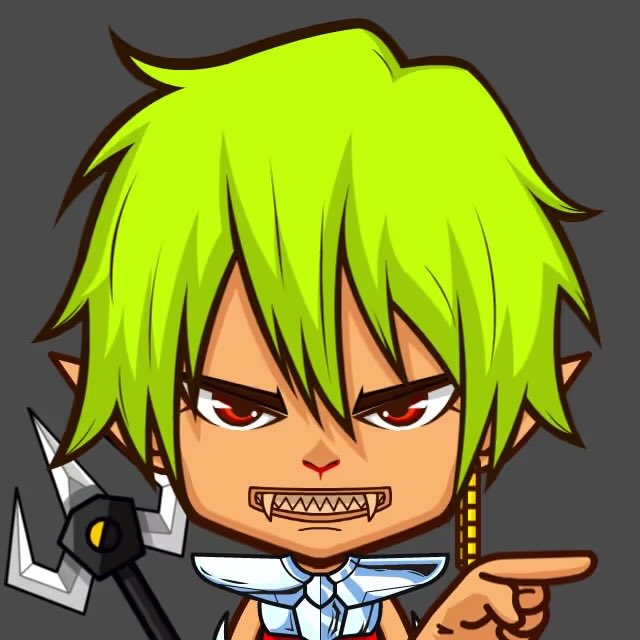 A chibi-style anime character with bright green hair, pointed ears, red eyes, and a fierce expression, wearing silver armor and holding a weapon.