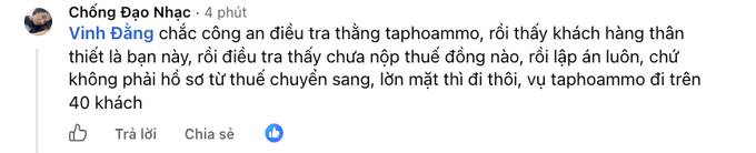 A screenshot of a Facebook comment in Vietnamese by user 'Chống Đạo Nhạc' discussing investigations by 'taphoammo', mentioning that customers 'Vinh Đặng' were found not to have paid taxes and were sent to prison, with the case involving over 40 customers.