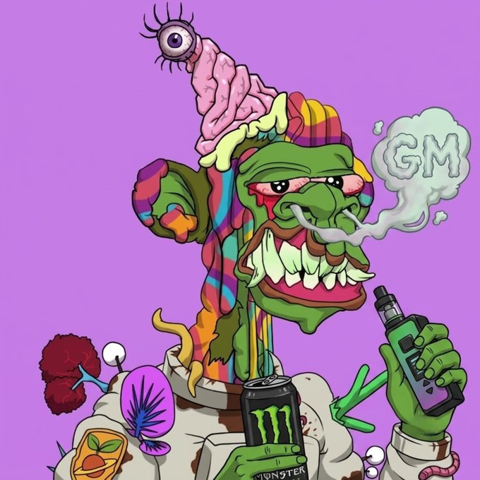 A grotesque green-skinned character with bulging eyes, rotting teeth, and a psychedelic mushroom-like head holds a Monster Energy can while vaping, exhaling a cloud of smoke that forms "GM," matching the cheerful weekend greeting.