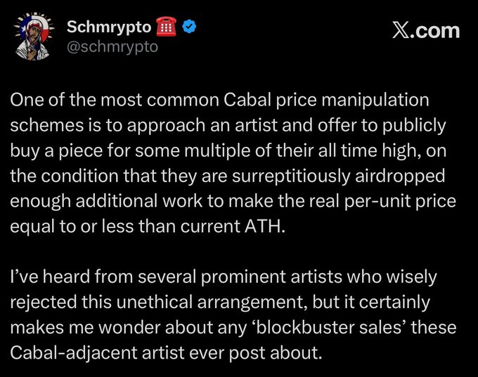 A tweet from @schmrrypto discussing NFT market manipulation schemes involving artists being airdropped additional work to manipulate per-unit prices relative to all-time highs.