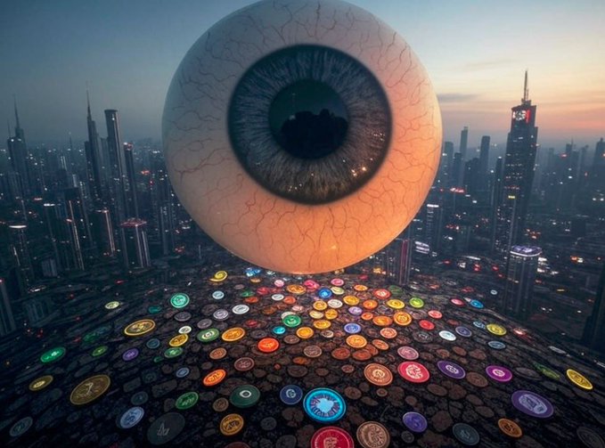 A massive, surreal eyeball hovers over a dark cityscape at dusk, casting a shadow over a glowing grid of colorful cryptocurrency coins scattered on the ground below.