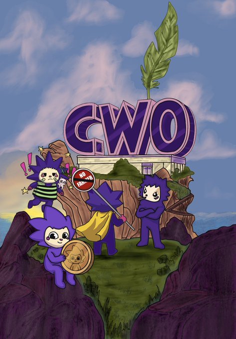 A vibrant cartoon illustration with "GWO" lettering at the center, featuring several purple and white cat-like characters on a rocky cliff with a floating island in the background.