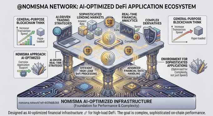 An infographic titled "@NOMISMA NETWORK: AI-OPTIMIZED DeFi APPLICATION ECOSYSTEM" illustrating a layered platform with "NOMISMA AI-OPTIMIZED INFRASTRUCTURE" as its foundation, supporting features like AI-driven real-time strategies, sophisticated lending markets, real-time financial analytics, and complex derivatives. Side panels contrast a "General-Purpose Blockchain" approach (focused on transaction speed) with Nomisma's approach (optimized for complexity, not just speed), reinforcing the post's argument that blockchain performance should be measured by its ability to handle sophisticated financial applications rather than raw transaction speed alone.