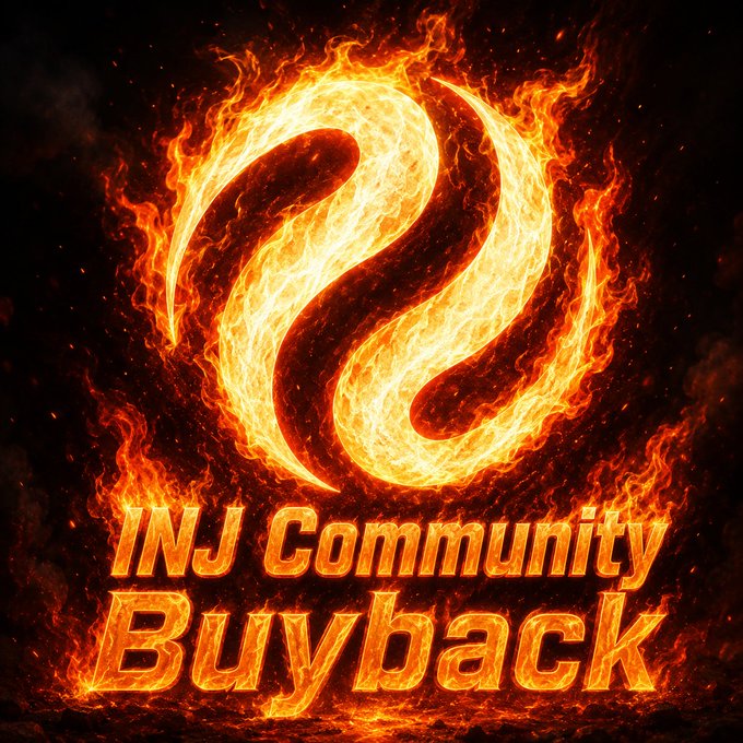 The image features a logo with flames, which are orange and yellow colors. The text "INJ Community Buyback" is written below the logo, indicating that this is an advertisement or promotional material related to the Inj community.