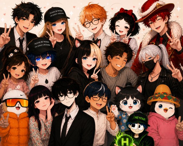 An anime-style illustration of a group of characters, including humans in casual clothing and various mascot figures, all making peace signs with heart backgrounds.