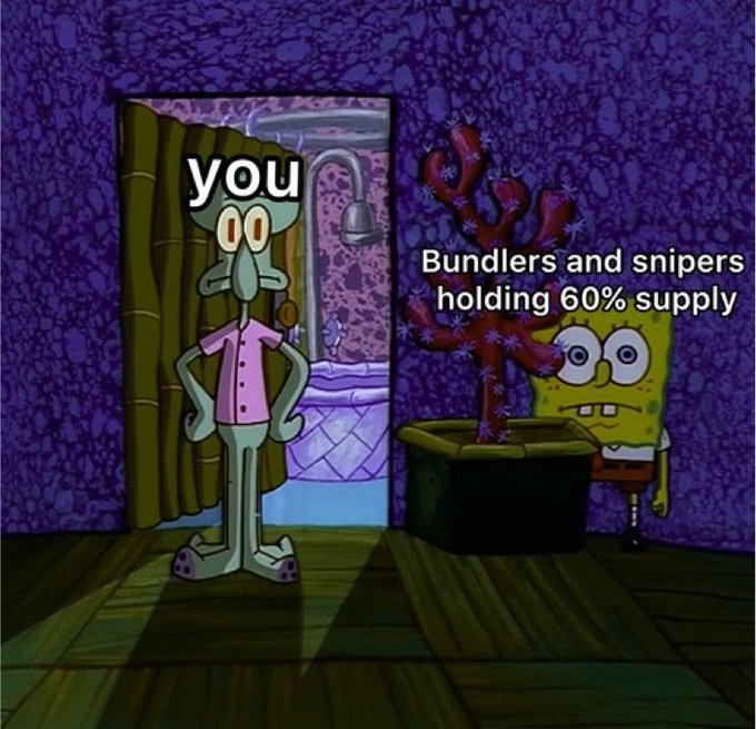 A SpongeBob meme showing Squidward labeled 'you' looking shocked at SpongeBob labeled 'Bundlers and snipers holding 60% supply' who is hiding inside a pot behind a coral tree.