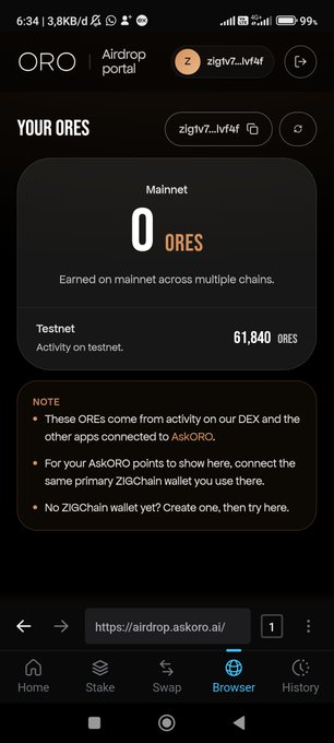 A mobile screenshot of the ORO Airdrop portal showing 0 ORES earned on mainnet and 61,840 ORES on testnet activity.