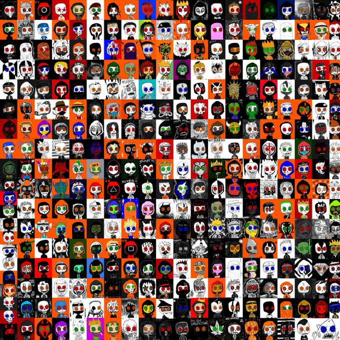 A grid collage of 256 small square images, each depicting a stylized cartoonish face or skull with colorful, exaggerated features.