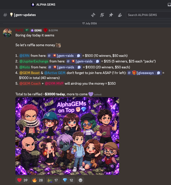 Discord server screenshot from ALPHA GEMS #gem-updates channel dated 17 July 2024, announcing a $3000 raffle with cash prizes for members, featuring chibi-style character artwork titled 'AlphaGEMS on Top'.