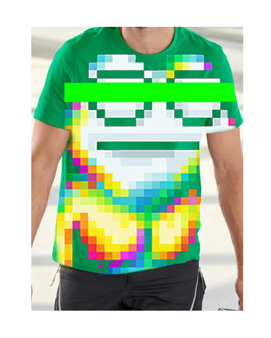 A person models a green t-shirt featuring a pixelated design that spells out '4' across the chest.