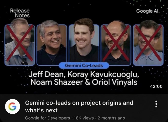The image shows a YouTube thumbnail titled "Gemini co-leads on project origins and what's next" from Google for Developers, featuring four Gemini co-leads: Jeff Dean, Koray Kavukcuoglu, Noam Shazeer, and Oriol Vinyals. Three of the four leaders have red X marks over their faces, visually reinforcing the post's message that things are "not looking good for Gemini" due to significant leadership departures.