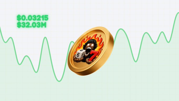 A gold token featuring a flaming character holding dice rolls floats on a green zigzag line chart with price text showing '$0.03215' and '$32.03M'.