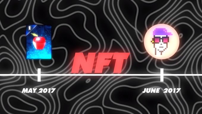 A timeline graphic against a topographic map background showing the word 'NFT' in red, comparing a red apple image on a blue background labeled '1' at 'MAY 2017' with a pixel art skull with pink hair and sunglasses inside a glowing circle at 'JUNE 2017'.
