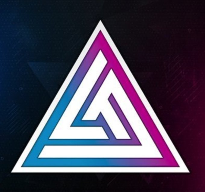 A stylized triangular Penrose or impossible shape logo in white with blue and pink gradient outlines against a dark background.