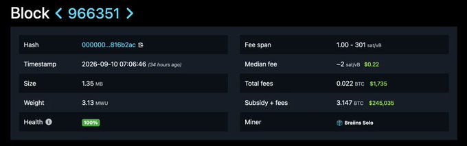 A block explorer page displays details for Bitcoin block 966351, mined by Braiins Solo, showing a 3.147 BTC subsidy + fees reward worth approximately $245,035, with the block timestamped September 10, 2026.