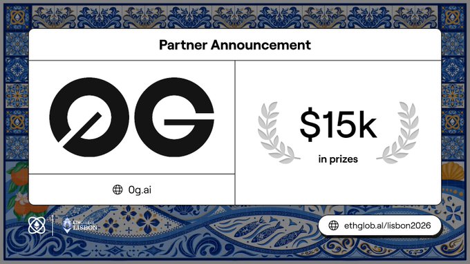 A 'Partner Announcement' graphic showing 'OG' (Og.ai) with '$15k in prizes' for EthGlobal Lisbon 2026, set against a decorative blue and white tile background.