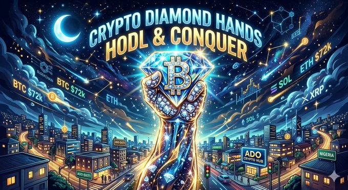 A digital illustration showing a muscular arm holding up a Bitcoin diamond, with text reading 'CRYPTO DIAMOND HANDS HODL & CONQUER' and various crypto tickers like BTC $72K and ETH $72K floating in a futuristic cityscape.