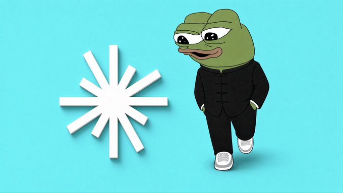 A cartoon image of a Pepe the Frog character wearing a black button-up shirt and white shoes, standing next to a white starburst symbol on a solid turquoise background.