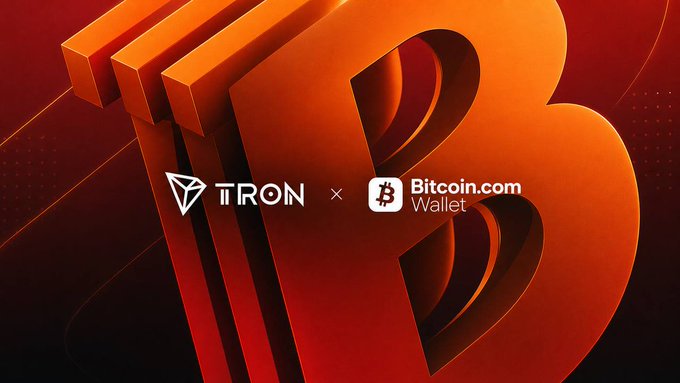 Promotional graphic for TRON x Bitcoin.com Wallet collaboration, featuring the TRON logo alongside Bitcoin.com Wallet branding against a large orange Bitcoin symbol.