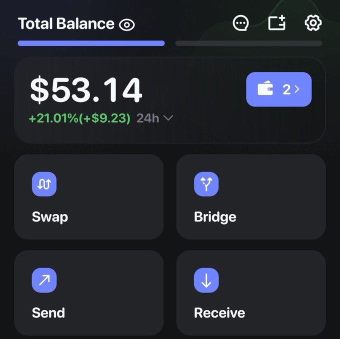 A crypto wallet dashboard displays a total balance of $53.14 with a 24h gain of +21.01% (+$9.23), featuring Swap, Bridge, Send, and Receive options alongside a wallet indicator showing 2 assets. The image illustrates the wallet balance required to qualify for the "$50 giveaway" promotion from @fartkmmonsolana, suggesting participants need crypto holdings to enter.