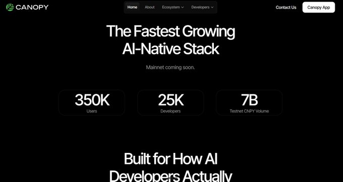 The image shows Canopy Network's homepage featuring the tagline "The Fastest Growing AI-Native Stack" with key metrics displayed: 350K Users, 25K Developers, and 7B Testnet CNPY Volume. It visually supports the post's claim about Canopy positioning itself as an AI-native infrastructure layer, highlighting their user and developer adoption stats.