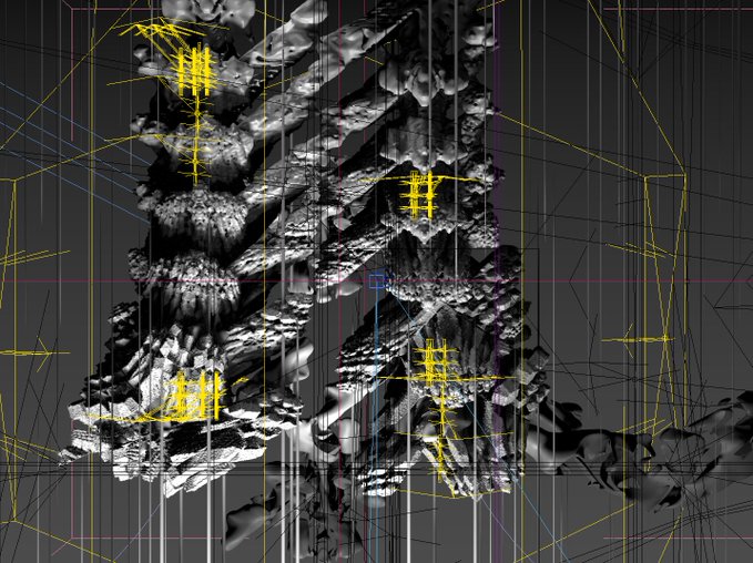 An abstract 3D digital artwork featuring a grayscale, glitch-like fragmented surface overlaid with bright yellow grid lines and geometric patterns against a dark background.