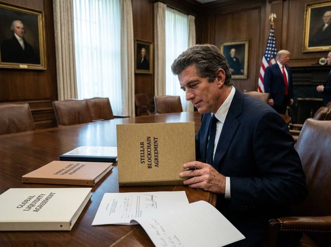 A man in a dark suit reviews a folder labeled "STELLAR BLOCKCHAIN AGREEMENT" at a polished conference table, with additional documents marked "KAIRAN LEGALITY AGREEMENT" visible, while the post's "XLM!!" reference ties the Stellar (XLM) cryptocurrency to the legal paperwork shown.