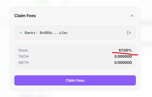 A 'Claim Fees' modal window showing shares for TACHI and WETH at 0.000000, with a share value of 57.00% struck through in red.