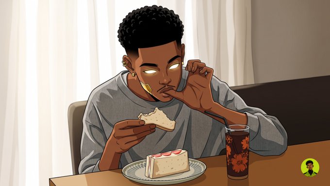 An illustrated cartoon of a young man with glowing eyes eating cake while drinking from a cup at a table.