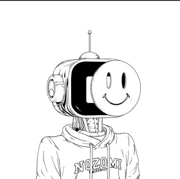 A black-and-white line drawing of a robot with an antenna, smiling face on its screen-head, and wearing a hoodie with the text 'NOZOMI' printed on it.