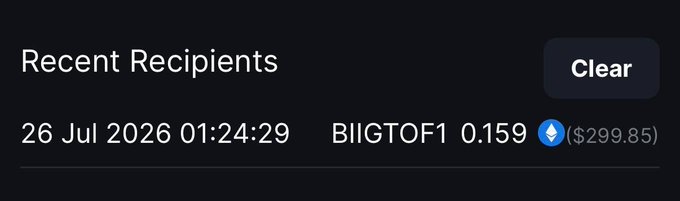 The image shows a "Recent Recipients" transaction history entry displaying a transfer of 0.159 ETH (~$299.85) sent to "BIIIGTOF1" on 26 Jul 2026 at 01:24:29. This aligns with the post confirming a ~$300 ETH transfer to the recipient, with the timestamp and dollar value matching the claimed MetaWin payout.