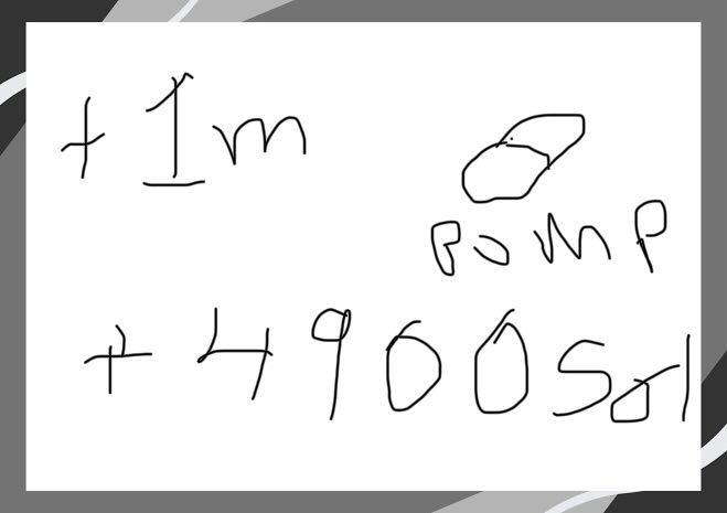 A hand-drawn whiteboard sketch showing the handwritten text '+1m' and '+4900sd' alongside a small drawing of a rock labeled 'ROMP'.