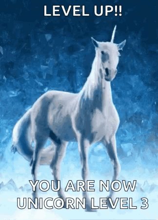 The image features a white unicorn standing against a blue background, with text below the unicorn stating "You are now Unicorn Level 3". The image also includes a caption about GM ct. offering a discount for chads.