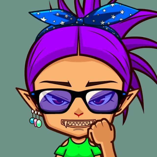 A cartoon illustration of a punk-style girl with spiky purple hair, a blue star-patterned bandana, dark sunglasses, multiple earrings, and sharp teeth baring a menacing grin while holding her fist up.