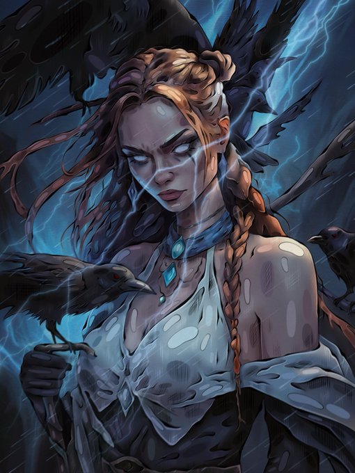 A fantasy illustration of a fierce woman with red braided hair surrounded by black ravens and lightning, holding a bird on her hand.