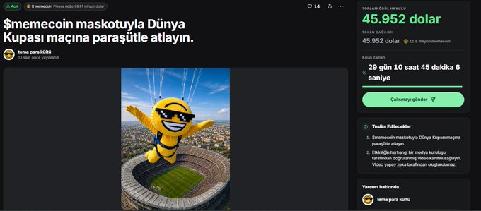 The image is a screenshot of a website with a list of prizes for users who complete various tasks or posts, such as gifting the pumpfun mascot with a parachute. The main prize is $45,952, which is an enticing reward. Another interesting feature shown in the image is the hashtag ":#memecoinmasakotuyya". This could be a reference to the pump fun brand or possibly related to the tasks posted on the website. Additionally, there are several other rewards and tasks available for users to engage with according to the post's content.