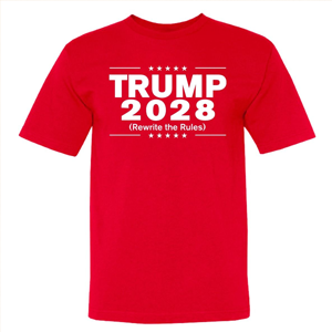 A red t-shirt featuring white text that reads 'TRUMP 2028' with five stars above and '(Rewrite the Rules)' below.