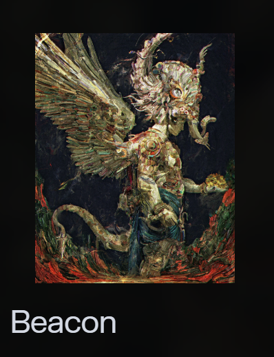 The image displays a dark fantasy artwork titled "Beacon" by ArchanNair, featuring a surreal, otherworldly creature with outstretched wings and multiple limbs emerging from a fiery, hellish landscape. The accompanying post expresses gratitude for the spotlight and confirms the NFT has been minted and is being held long-term by the owner.