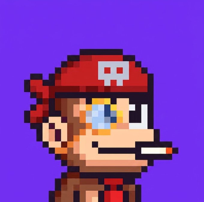 A pixel art illustration of a character with a red bandana featuring a skull emblem, holding a cigarette in his mouth, set against a solid purple background.