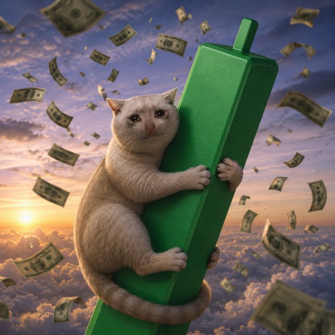 A teary-eyed white cat clings desperately to a giant green candlestick against a sunset sky filled with floating dollar bills. The image humorously visualizes the "WE'RE SO BACK" sentiment by depicting a clinging investor watching their massive green gains rocket upward amid a shower of cash.