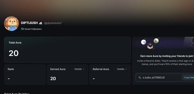 A user profile dashboard for 'DIPTIJUSH' on Kaito showing a Total Aura score of 20, with options for Referral Aura and a referral link.