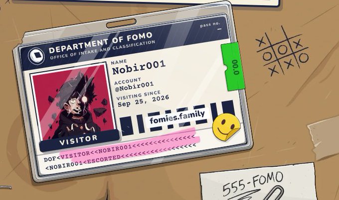 An illustrated visitor ID card from the 'Department of FOMO, Office of Intake and Classification' for a user named 'Nobir001' with account '@Nobir001', visiting since 'Sep 25, 2026', featuring a lion avatar and a smiley face on a green background.