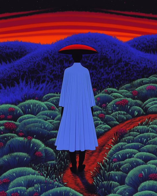 A stylized illustration of a figure in a flowing blue robe and red conical hat walking along a red path through a surreal landscape of dark bushes, with mountains and a red-orange sky in the background.