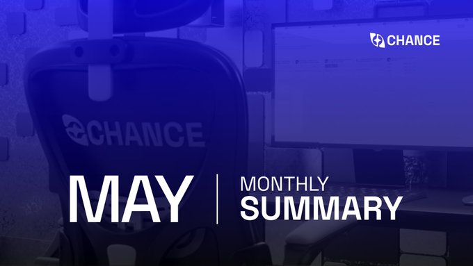 The image features a chair with "May" written across its back, accompanied by the text "Monthly Summary!" Below the chair, there's a computer monitor displaying the words "May" and "Summary!". The background of the image is blue, which appears to be part of an advertisement or promotional material.