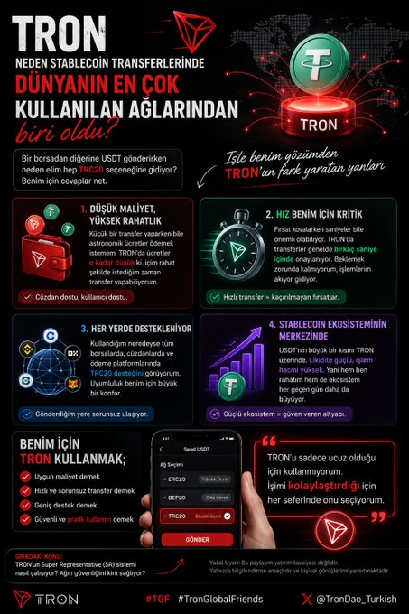 A Turkish-language infographic explaining why TRON ($TGF #TronGlobalFriends) has become one of the world's most-used networks for stablecoin (USDT) transfers, citing its low cost and high speed, fast transactions, decentralized support for TRC20, and a strong stablecoin ecosystem, with a mobile app screenshot showing the "Send USDT" interface and the handle @TronDao_Turkish.