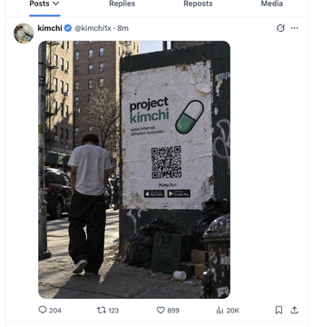 A screenshot of an X post by @kimchitx showing a street scene with a large “project kimchi” advertisement and a QR code; the post has 204 replies, 123 reposts, 699 likes, and 20K views. The caption alleges that Kimchi used the QR-linked coin to pull liquidity and rugged users, questioning @Pumpfun and ending with “$kimchi.”