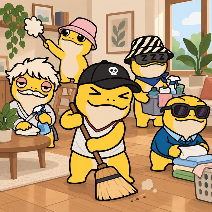 A cartoon illustration of several yellow frog-like characters dressed up and cleaning a living room, including one sweeping, one dusting, and others doing laundry.